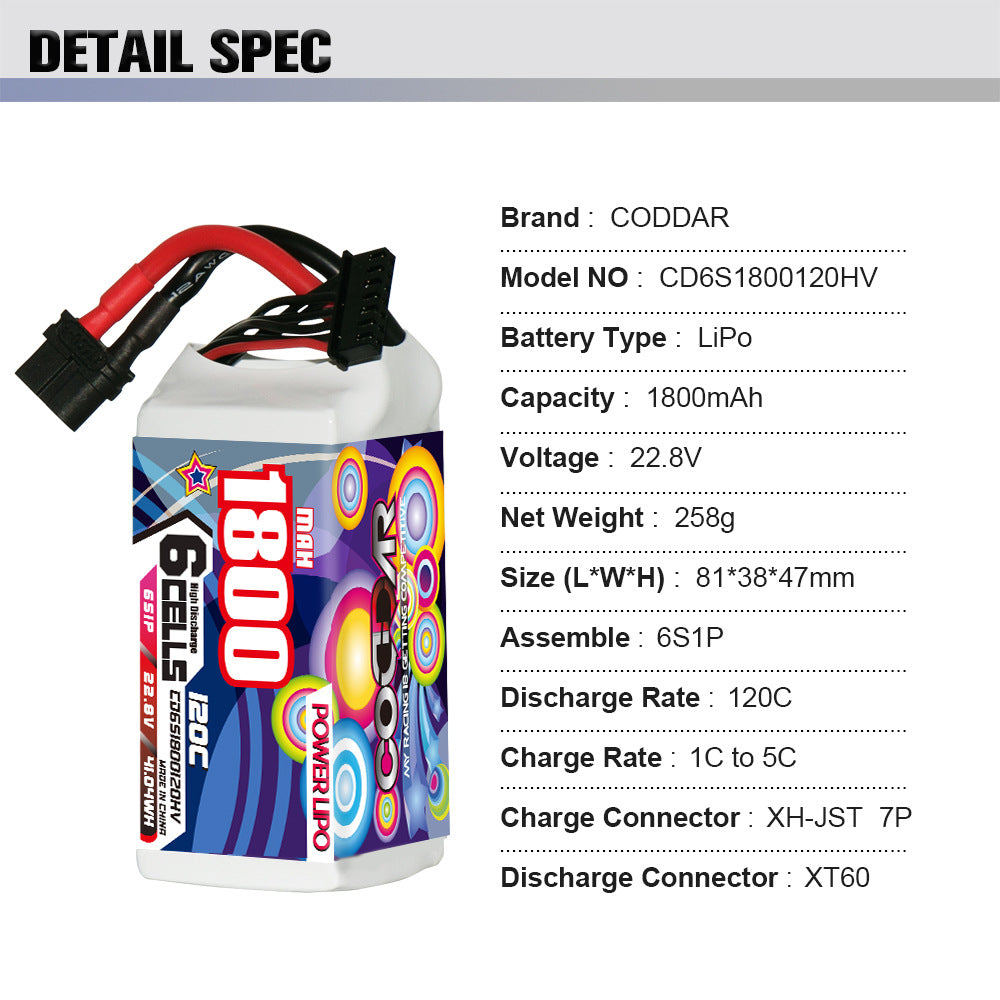 1800MAH 6S 22.2V 120C High Voltage Aircraft Model 5 Inch Traverser FPV Lithium Battery